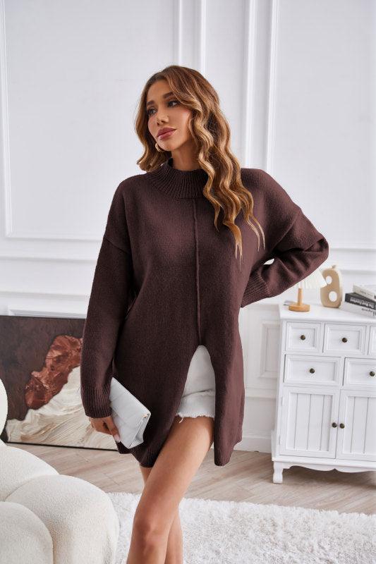 Women's half turtleneck slit pullover sweater - 808Lush