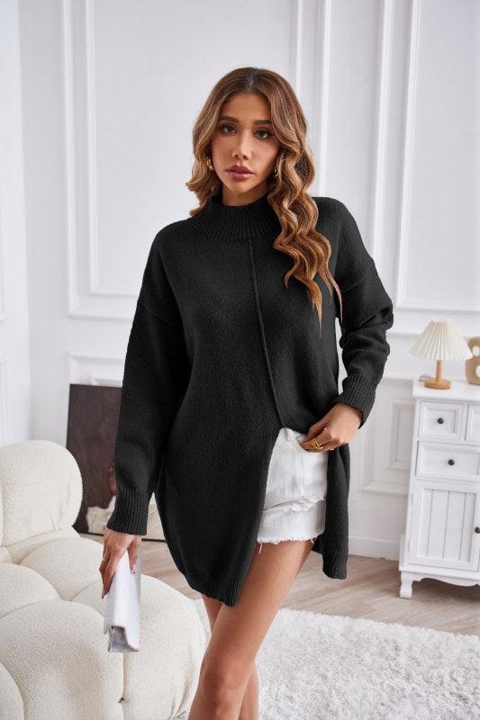 Women's half turtleneck slit pullover sweater - 808Lush