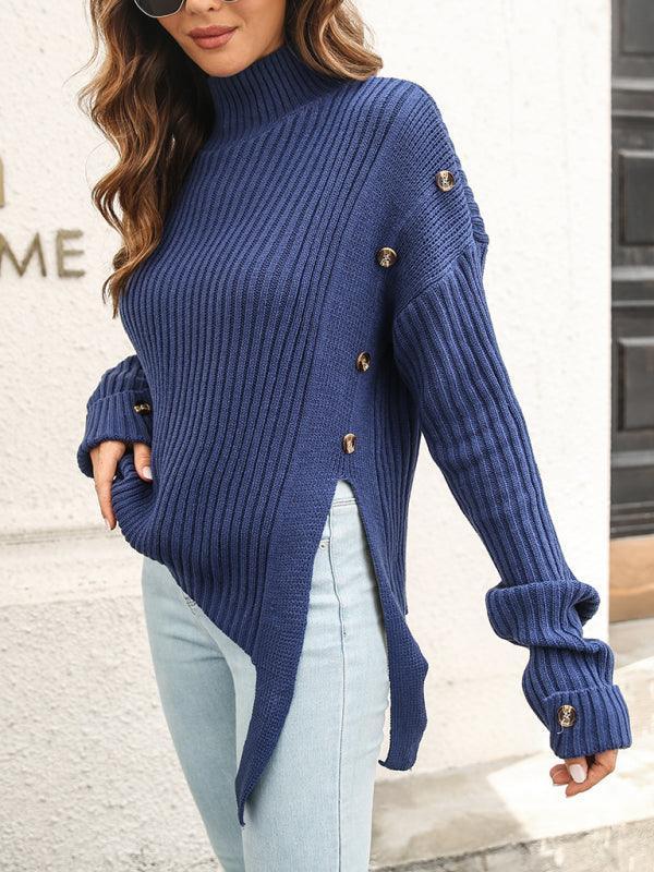 Women's high necked sweater with streamer buttons - 808Lush