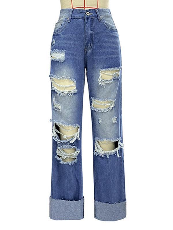 Women's high waist ripped straight leg street style long jeans - 808Lush