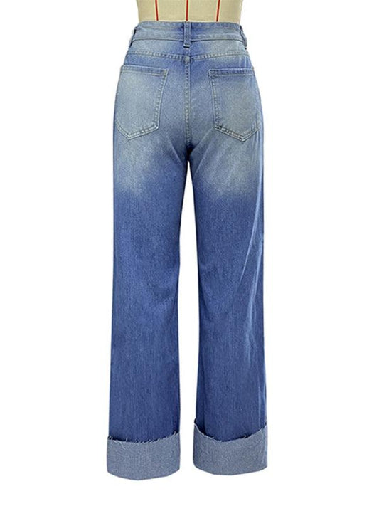 Women's high waist ripped straight leg street style long jeans - 808Lush