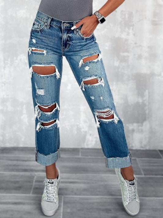 Women's high waist ripped straight leg street style long jeans - 808Lush