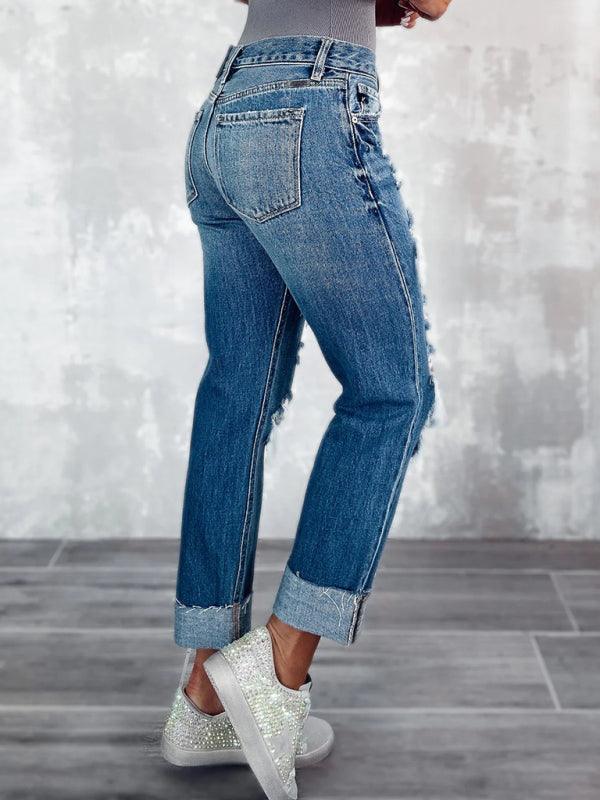 Women's high waist ripped straight leg street style long jeans - 808Lush