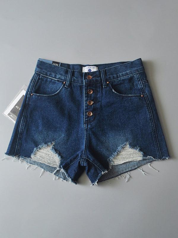 Women's high-waisted buttoned-up washed ripped raw edge denim shorts hot pants - 808Lush