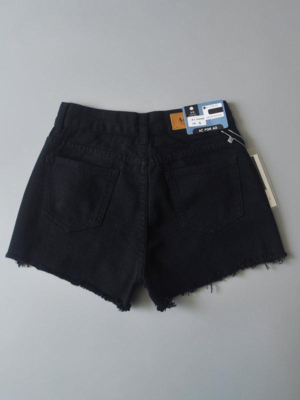 Women's high-waisted buttoned-up washed ripped raw edge denim shorts hot pants - 808Lush