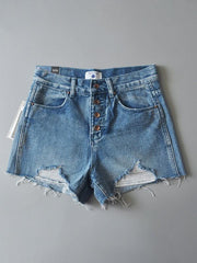 Women's high-waisted buttoned-up washed ripped raw edge denim shorts hot pants - 808Lush