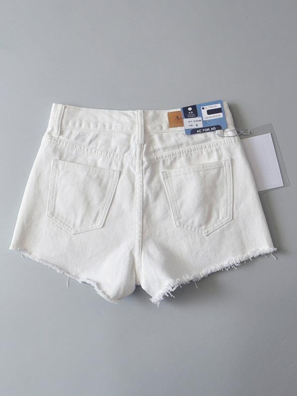 Women's high-waisted buttoned-up washed ripped raw edge denim shorts hot pants - 808Lush