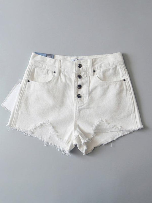 Women's high-waisted buttoned-up washed ripped raw edge denim shorts hot pants - 808Lush