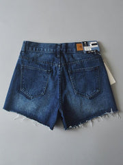 Women's high-waisted buttoned-up washed ripped raw edge denim shorts hot pants - 808Lush