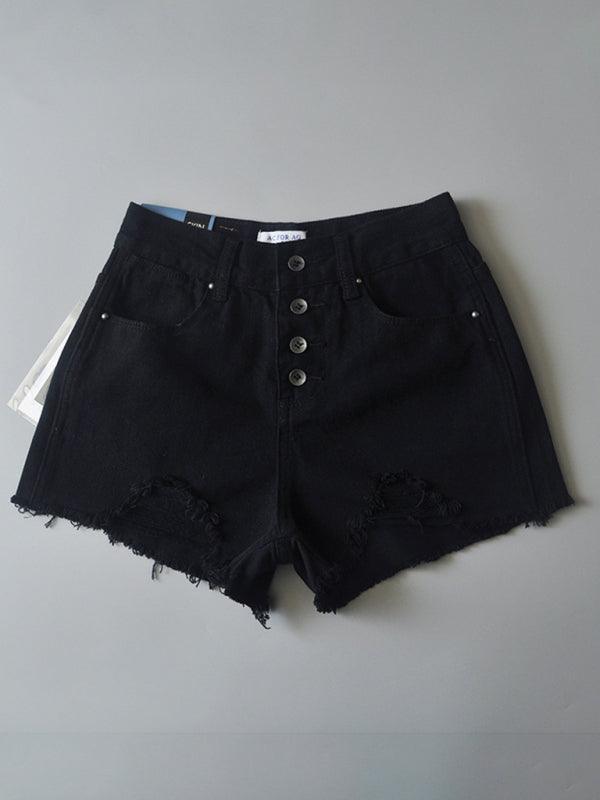 Women's high-waisted buttoned-up washed ripped raw edge denim shorts hot pants - 808Lush