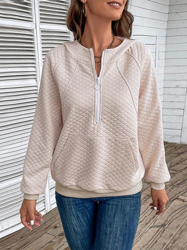 Women's hooded long-sleeved solid color diamond check sweatshirt - 808Lush