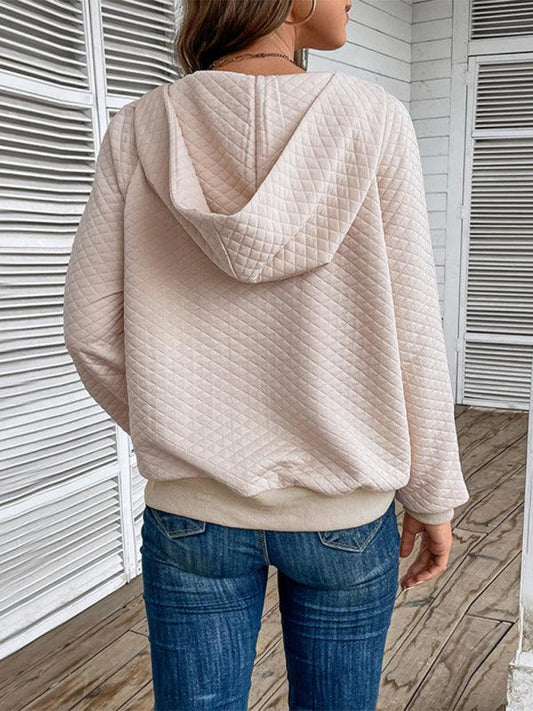 Women's hooded long-sleeved solid color diamond check sweatshirt - 808Lush