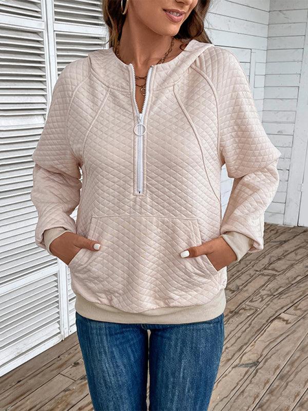 Women's hooded long-sleeved solid color diamond check sweatshirt - 808Lush