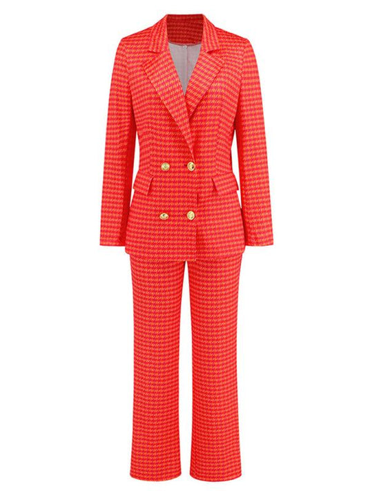 Women's houndstooth double-breasted suit and pants two-piece set - 808Lush
