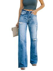 Women's jeans fashion wash ripped wide leg pants denim trousers - 808Lush