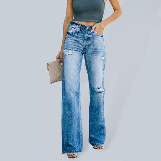 Women's jeans fashion wash ripped wide leg pants denim trousers - 808Lush