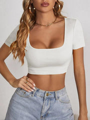 Women's knitted all-match square collar cropped short-sleeved T-shirt - 808Lush