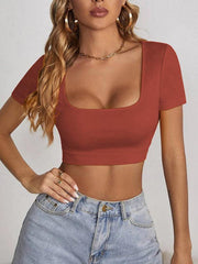 Women's knitted all-match square collar cropped short-sleeved T-shirt - 808Lush