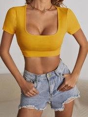 Women's knitted all-match square collar cropped short-sleeved T-shirt - 808Lush