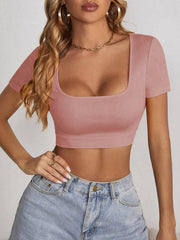 Women's knitted all-match square collar cropped short-sleeved T-shirt - 808Lush