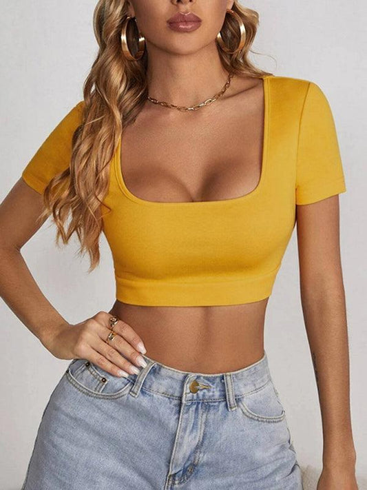 Women's knitted all-match square collar cropped short-sleeved T-shirt - 808Lush