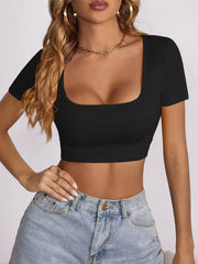 Women's knitted all-match square collar cropped short-sleeved T-shirt - 808Lush