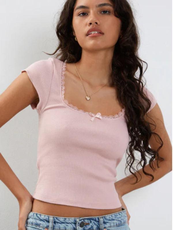 Women's lace bow square neck knitted T-shirt - 808Lush