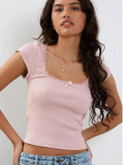 Women's lace bow square neck knitted T-shirt - 808Lush