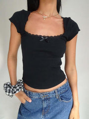 Women's lace bow square neck knitted T-shirt - 808Lush