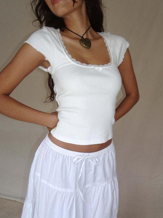 Women's lace bow square neck knitted T-shirt - 808Lush