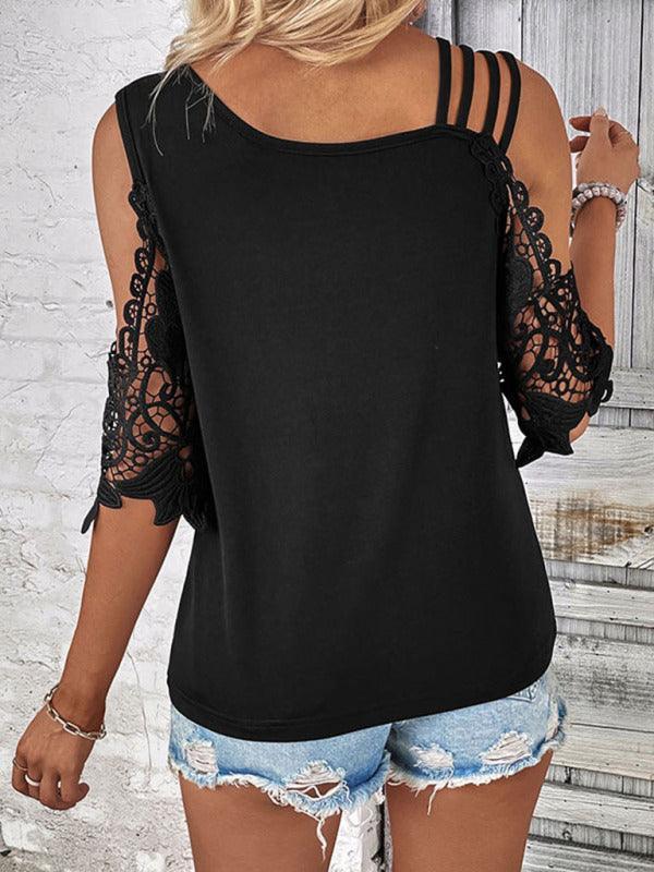 Women's lace patchwork knitted top with off-shoulder sleeves - 808Lush