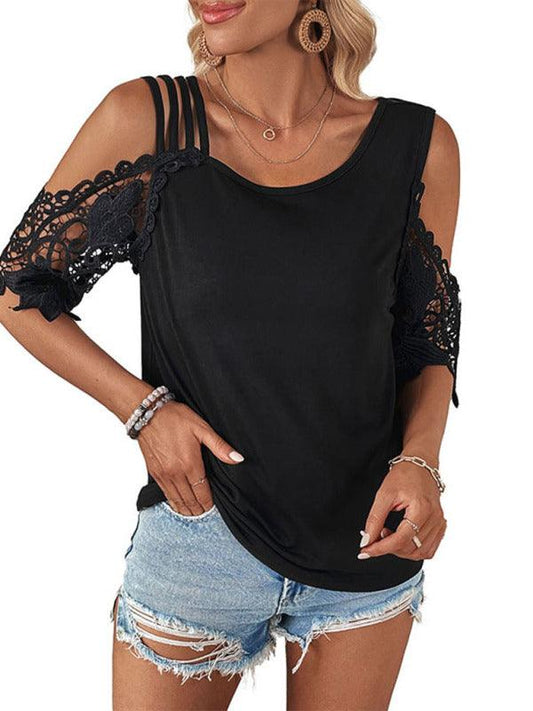Women's lace patchwork knitted top with off-shoulder sleeves - 808Lush