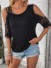 Women's lace patchwork knitted top with off-shoulder sleeves - 808Lush