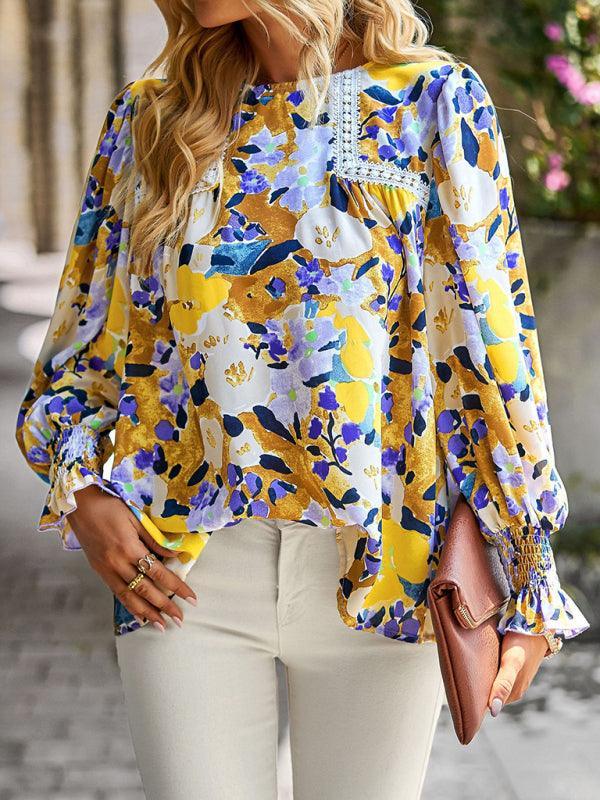 Women's lace stitching floral temperament top all-match blouse - 808Lush