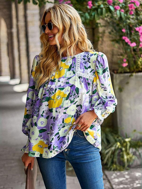 Women's lace stitching floral temperament top all-match blouse - 808Lush