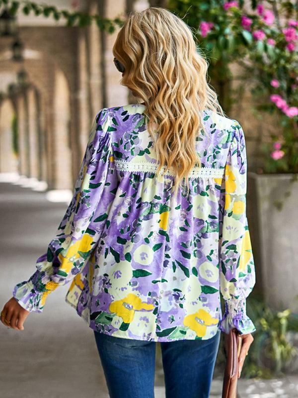 Women's lace stitching floral temperament top all-match blouse - 808Lush