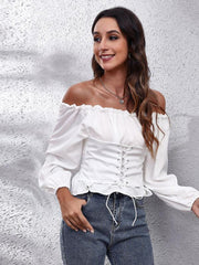 Women's lace up Lantern Sleeve straight neck waist tunic - 808Lush