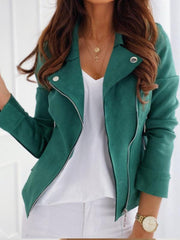 Women's lapel studded diagonal zipper buckskin jacket - 808Lush