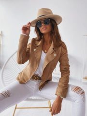 Women's lapel studded diagonal zipper buckskin jacket - 808Lush