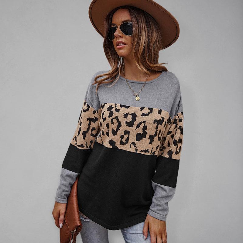 Women's leopard print stitching sweater long sleeve soft warm top - 808Lush