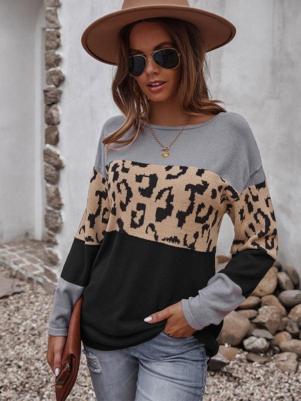 Women's leopard print stitching sweater long sleeve soft warm top - 808Lush