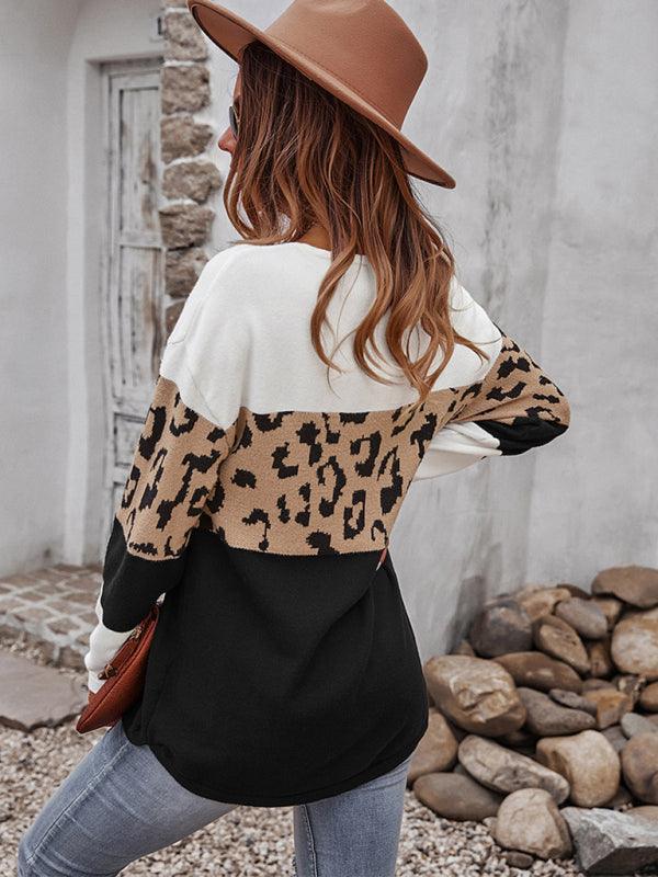 Women's leopard print stitching sweater long sleeve soft warm top - 808Lush