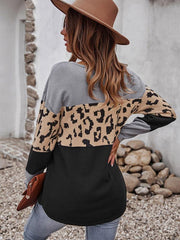 Women's leopard print stitching sweater long sleeve soft warm top - 808Lush