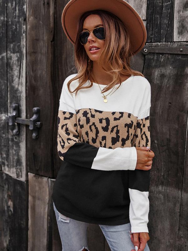 Women's leopard print stitching sweater long sleeve soft warm top - 808Lush