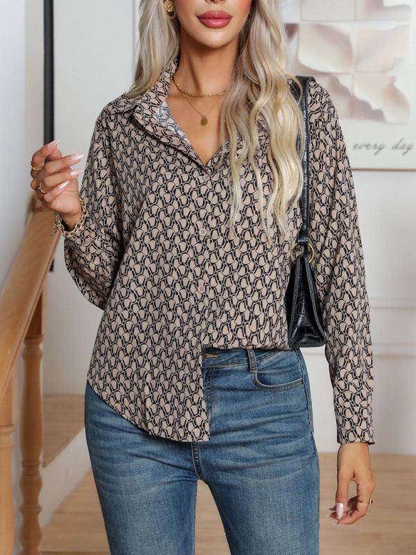 Women's long sleeve cardigan geometric print shirt - 808Lush