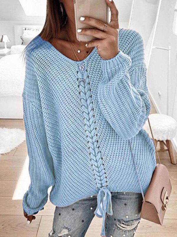 Women's long sleeve loose V-neck drawstring pullover sweater - 808Lush