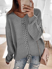 Women's long sleeve loose V-neck drawstring pullover sweater - 808Lush