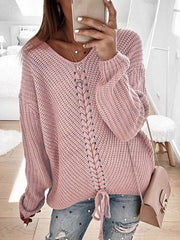 Women's long sleeve loose V-neck drawstring pullover sweater - 808Lush