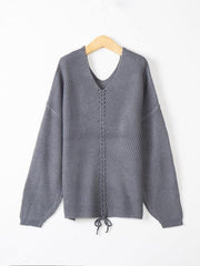 Women's long sleeve loose V-neck drawstring pullover sweater - 808Lush