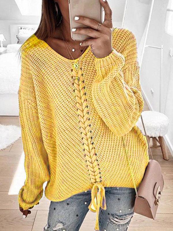 Women's long sleeve loose V-neck drawstring pullover sweater - 808Lush